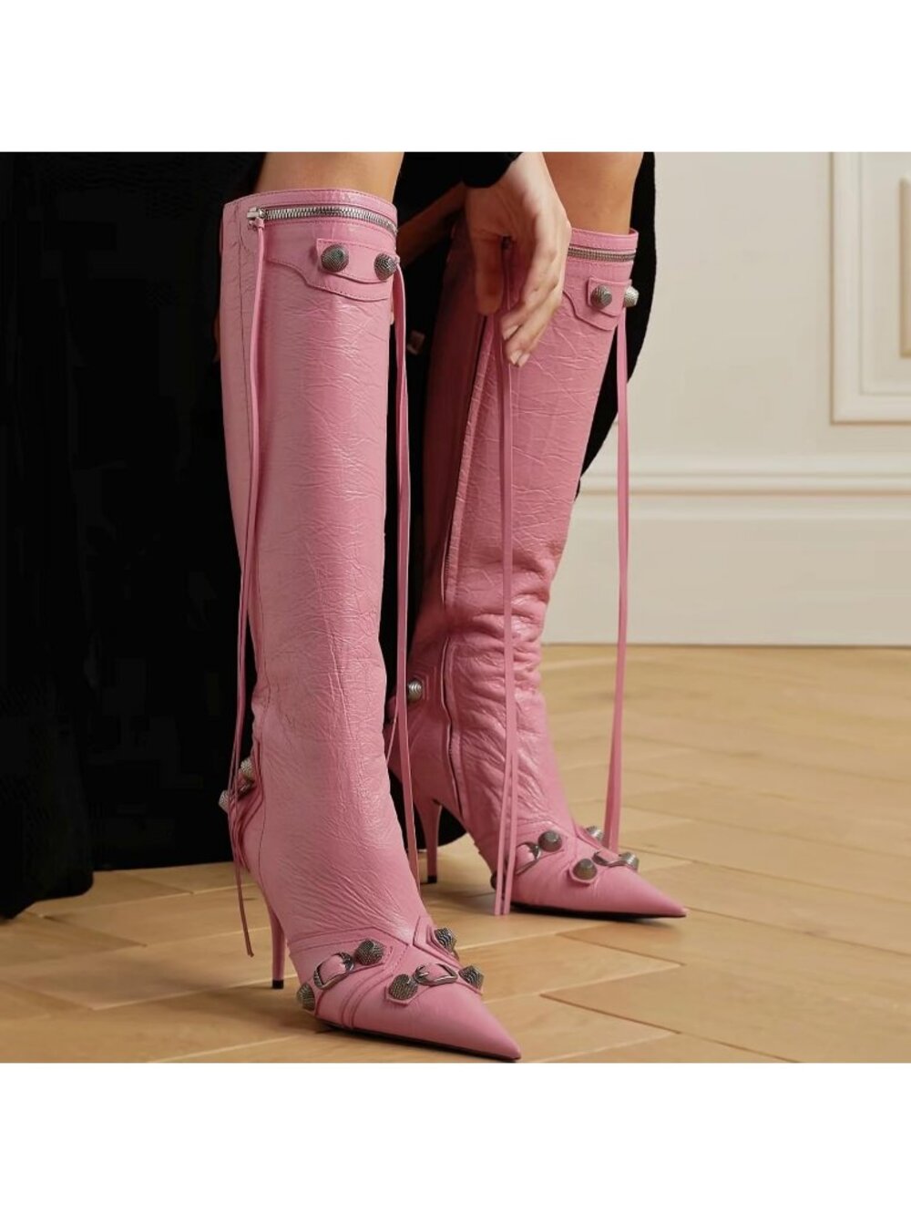 Women's Pink Stiletto Knee High Boots Pointed Toe Boot High Heel Boots Zipper - Picture 7 of 7